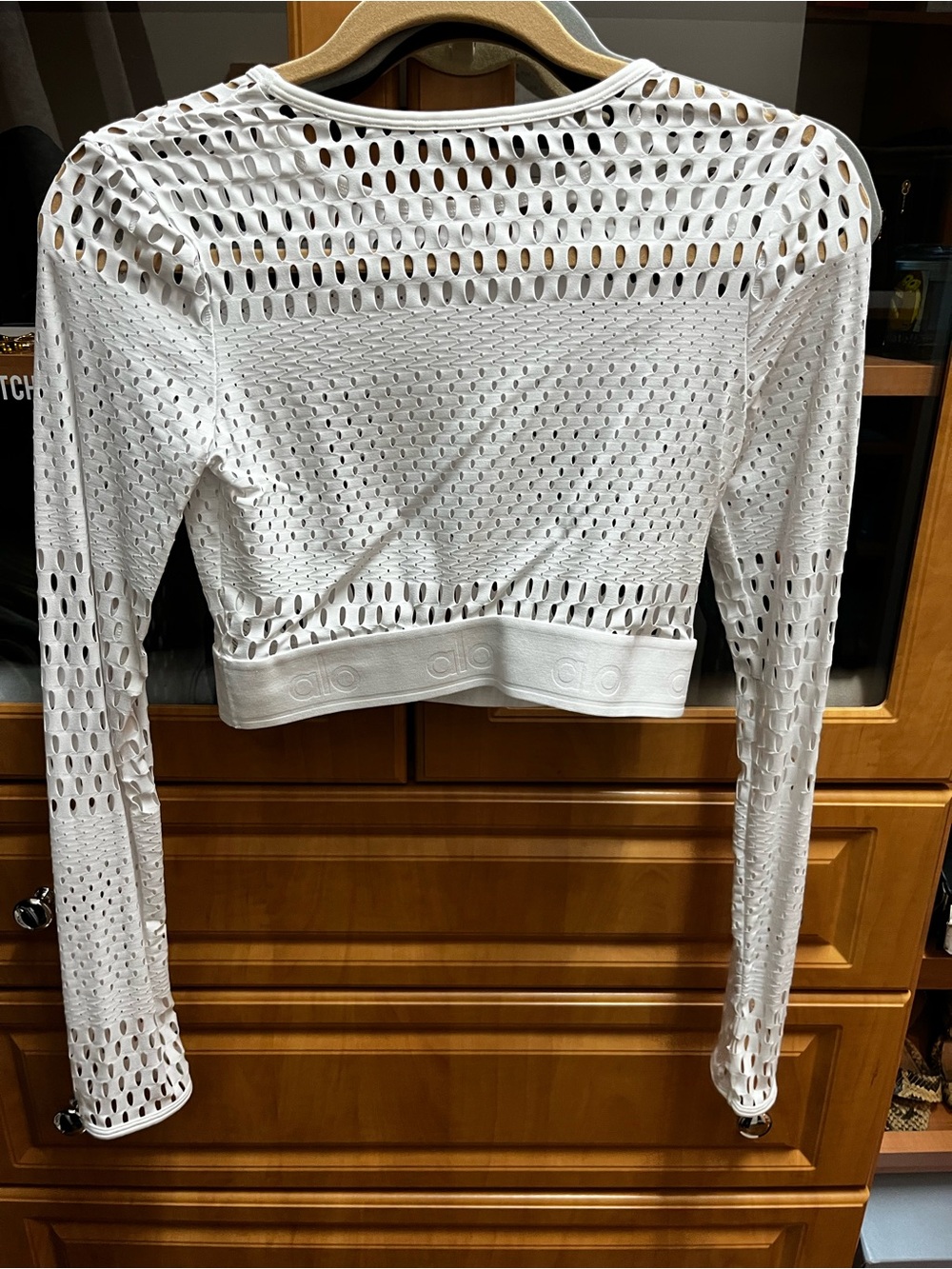 ALO Yoga White Long-Sleeve Mesh Crop Top (S)